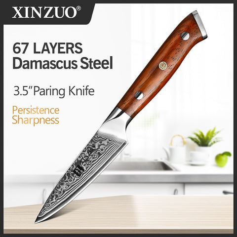 XINZUO 3.5" inch Paring knife Japan Damascus VG10 Steel Newest Fruit Peeler Knife Kitchen Knife Ultra Sharp with Rosewood Handle