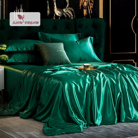 SlowDream Women Green Satin Silk Bedding Set Silky Duvet Cover Flat Sheet Pillowcase Twin Full Queen King Family Bed Linen Set