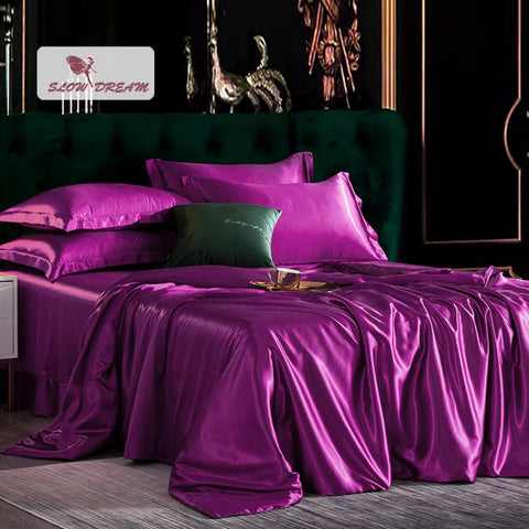 SlowDream Pure Purple Satin Silk Bedding Set Silky Duvet Cover Flat Sheet Pillowcase Twin Full Queen King Family Bed Linen Set