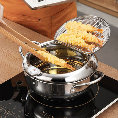 20cm 24cm Household Japanese Fryer Deep Frying Pot With A Thermometer A Lid 304 Stainless Steel Kitchen Fryer Pan Kitchen Tools